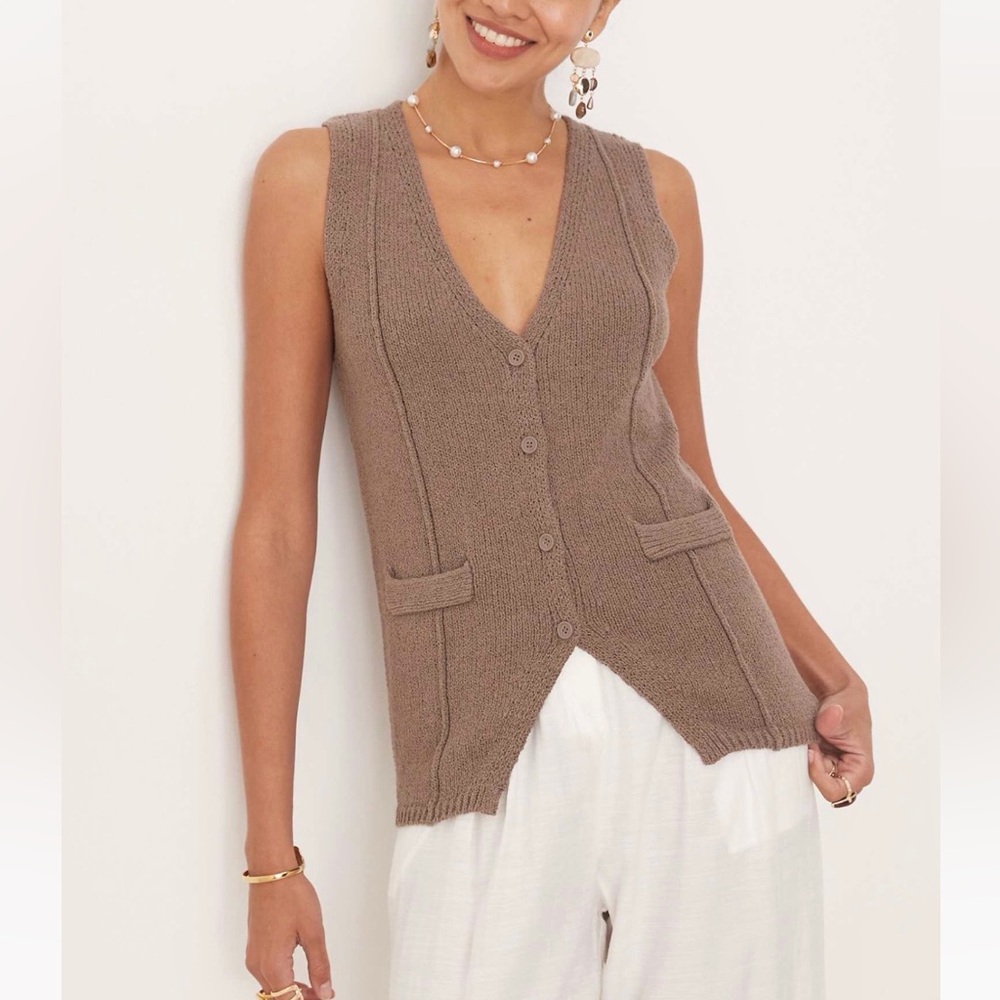 ASOS DESIGN 2 piece matching SET taupe tan brown knit button vest & pants - Picture 10 of 12
